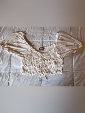 Urban Outfitters Cream Smocked Puff Sleeve Crop Top